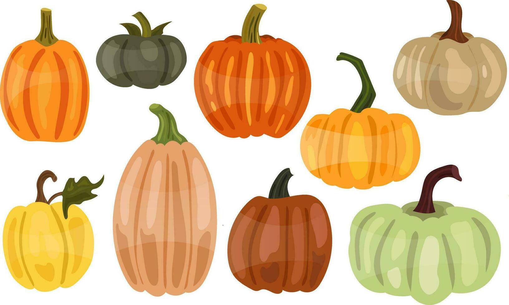 pompoenen. reeks van pompoenen. halloween, vakantie. herfst, seizoen, voedsel. vegetarisch. herfst pompoenen, voedsel. groenten, vlak stijl, illustratie, verschillend pompoenen, verschillend kleuren vector