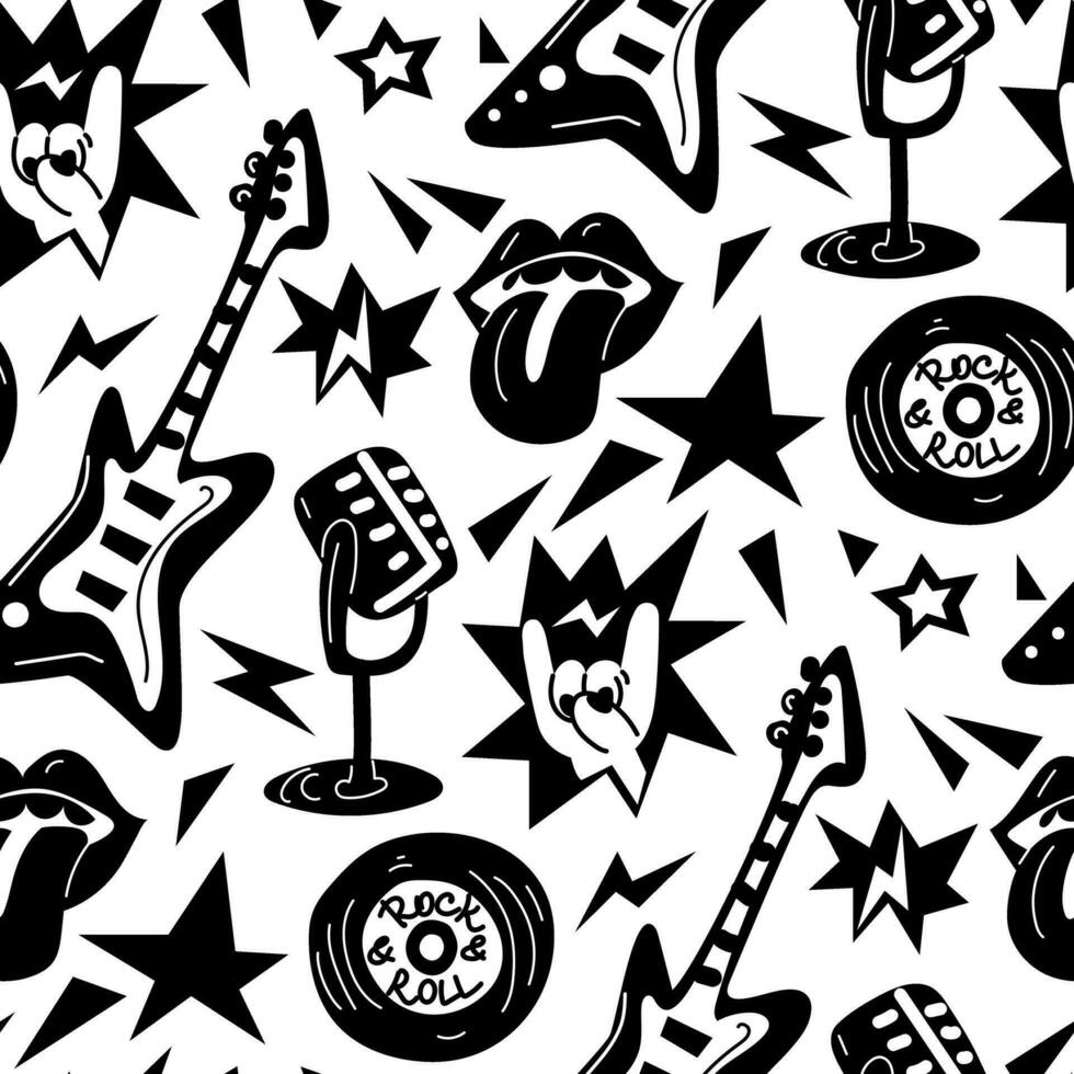 een patroon met elementen van punk- rots muziek, naadloos Aan een wit achtergrond. zwart ontwerp elementen, vingers, handen, ster, microfoon, rits, bord, tong, scherp verpakking voor muziek- festivals in zwart vector