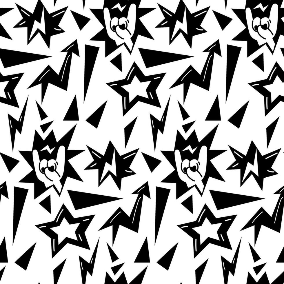 een patroon met elementen van punk- rots muziek, naadloos Aan een wit achtergrond. zwart ontwerp elementen, vingers, handen, ster, bliksem, explosie, pijl, scherp. verpakking voor muziek- festivals in zwart vector