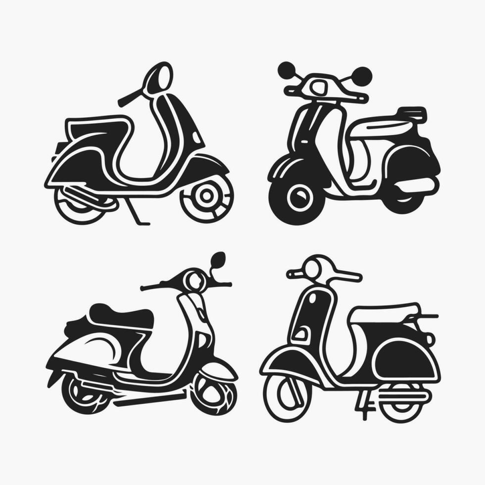 scooter silhouet pictogrammen reeks logo zwart motorfiets voertuig silhouetten vector illustratie