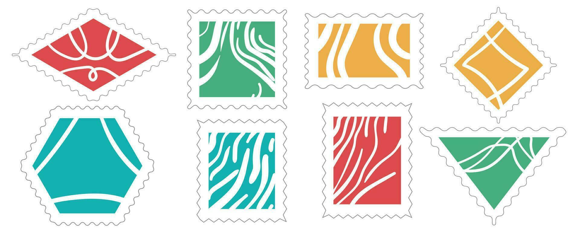 een reeks van abstract port postzegels in kalmte kleuren en een wit patroon. een verzameling met lineair texturen voor plakken Aan post- enveloppen. illustratie met doodles vector