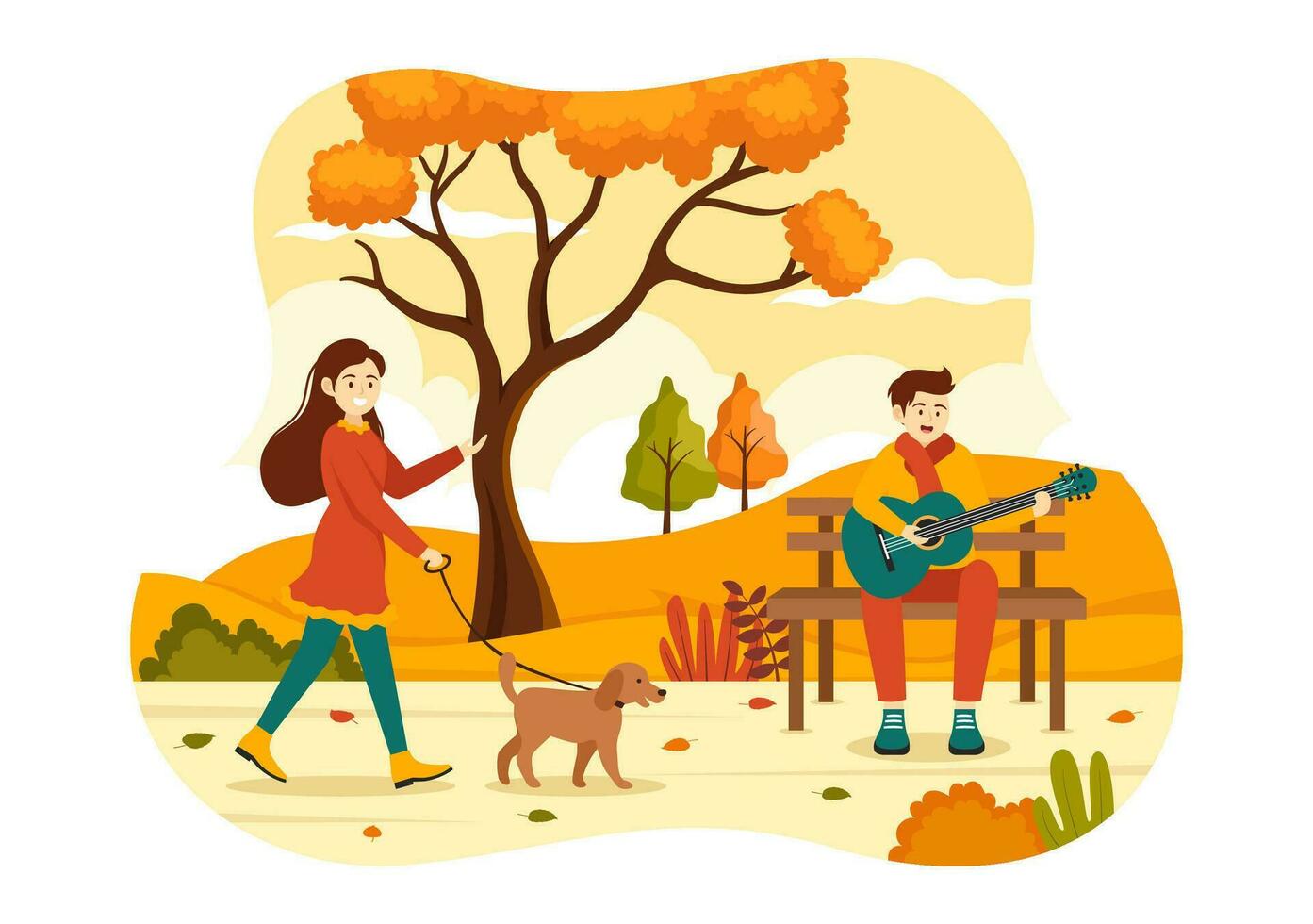 vallen werkzaamheid vector illustratie met activiteiten Leuk vinden een mensen ritten een fiets, lezen boek, kom tot rust of jogging in de herfst stad park Sjablonen