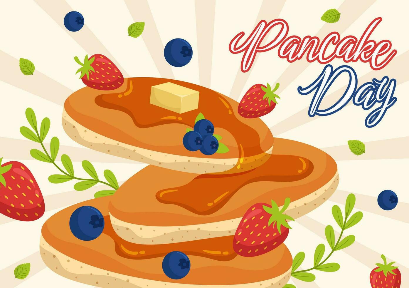 pannenkoek dag vector illustratie een bord van pannekoeken bekroond met siroop, kersen en bosbessen in eigengemaakt bakkerij vlak tekenfilm hand- getrokken Sjablonen