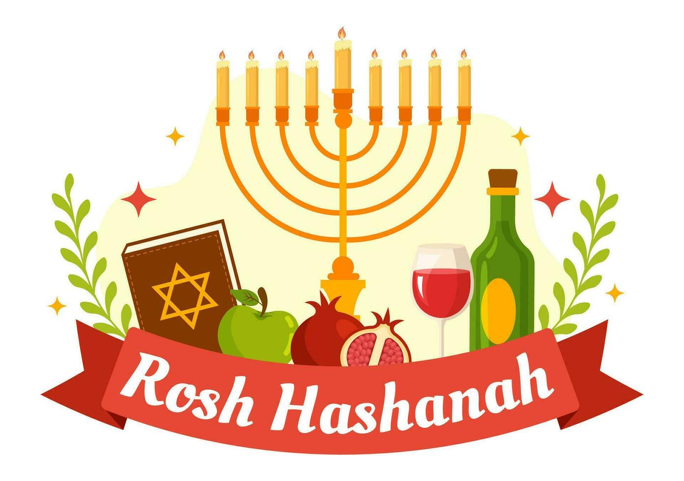 gelukkig Rosh hashanah vector illustratie van Joods nieuw jaar vakantie met appel, granaatappel, honing en bij in vlak tekenfilm hand- getrokken Sjablonen