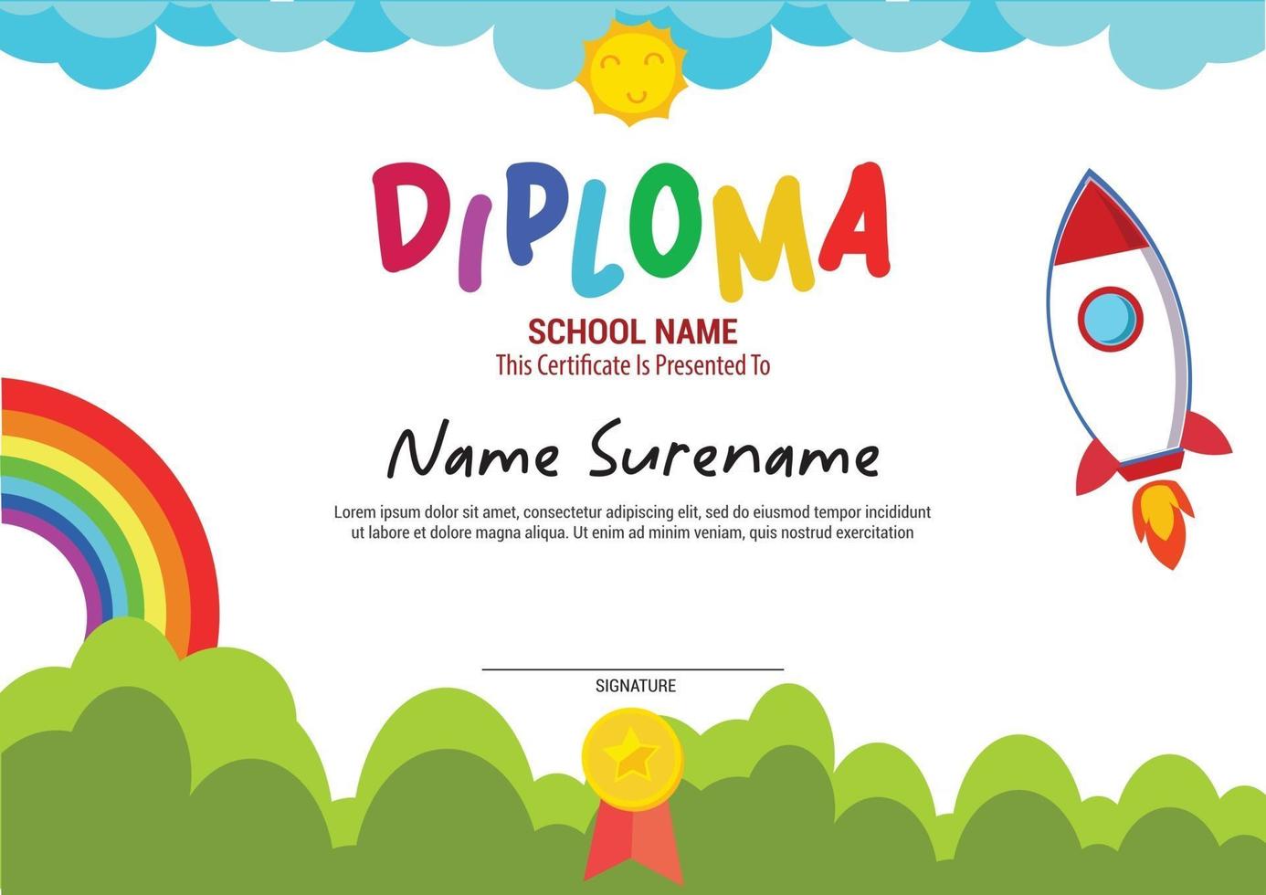 multifunctioneel schooldiploma sjabloon certificaat kinderen met regenboog en raket vector