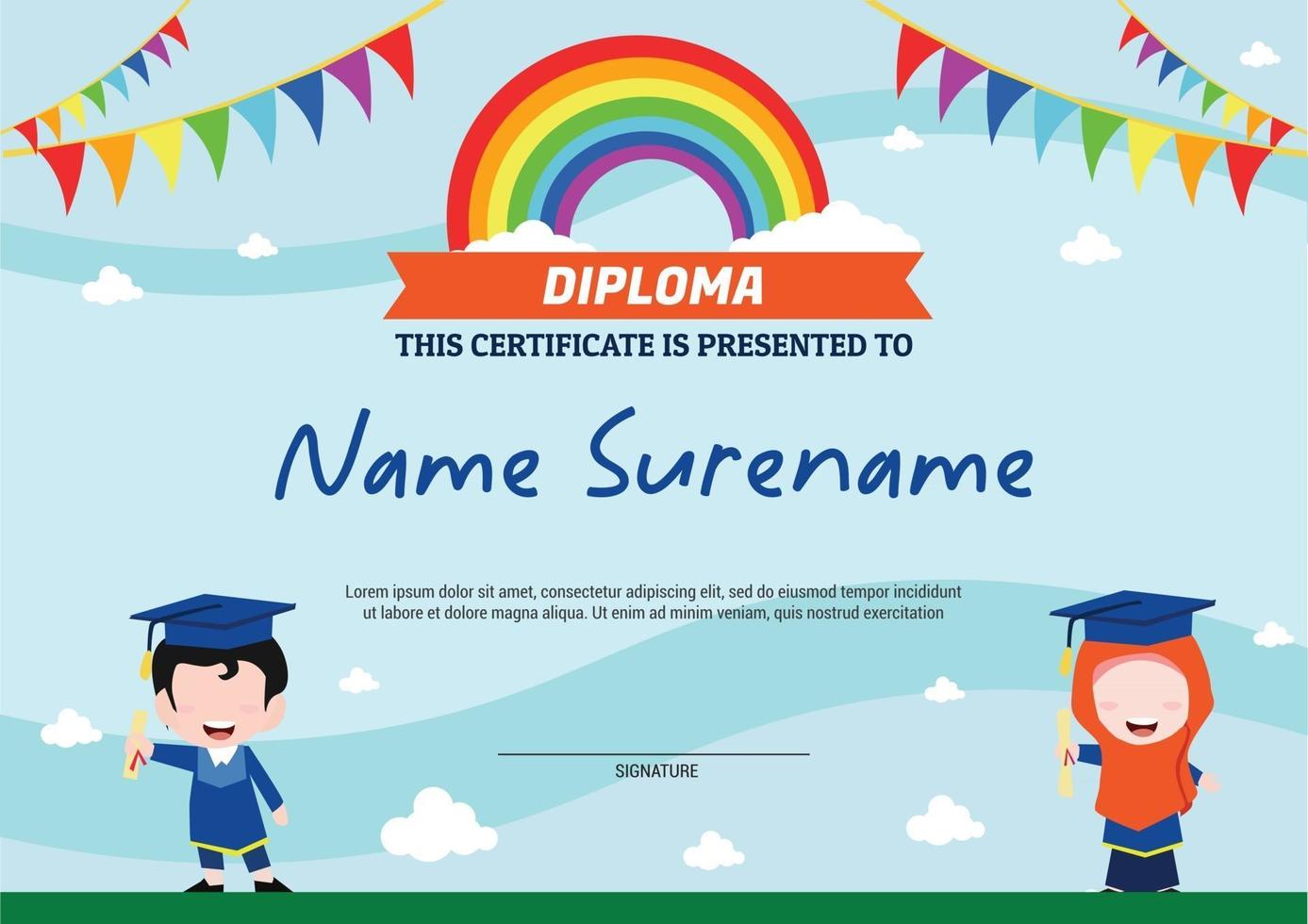 diploma sjabloon certificaat voor kinderen moslim regenboog met vlaggen vector