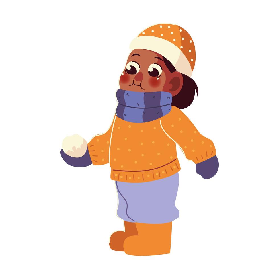 karakter grappige jongen in de winter met hoed en sneeuwbal vector
