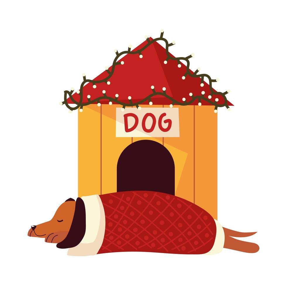 kerstmis, slapende hond met deken en huis met lichtviering vector