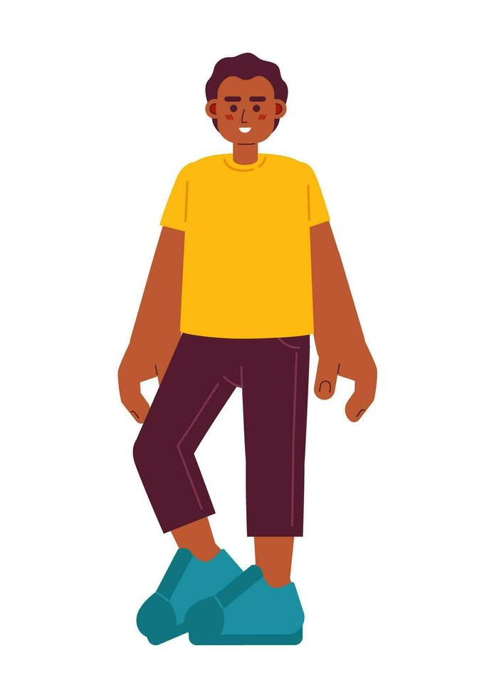 Afrikaanse Amerikaans jongere staand semi vlak kleur vector karakter. zwart preteen jongen lachend. bewerkbare vol lichaam persoon Aan wit. gemakkelijk tekenfilm plek illustratie voor web grafisch ontwerp