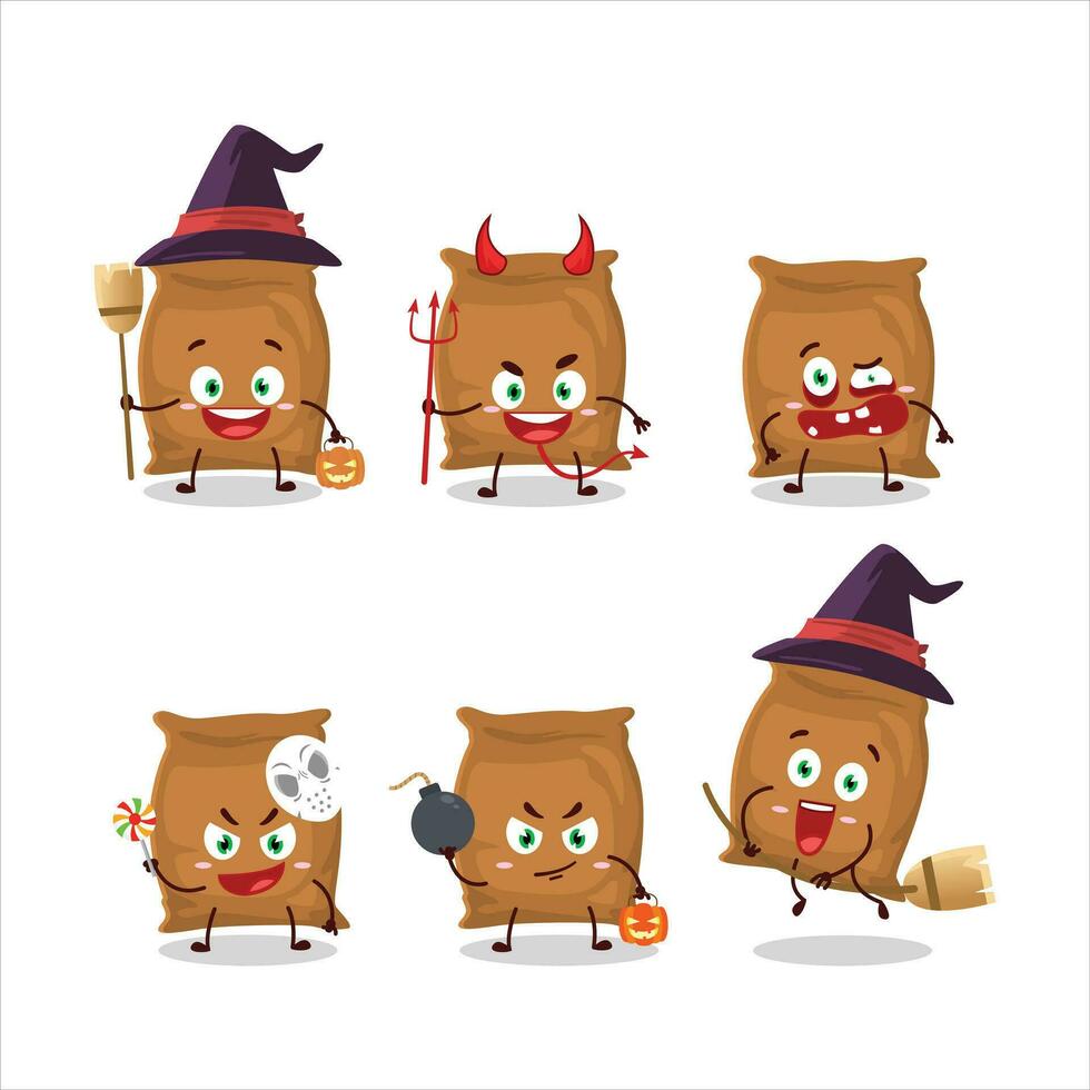 halloween uitdrukking emoticons met tekenfilm karakter van meel zak vector
