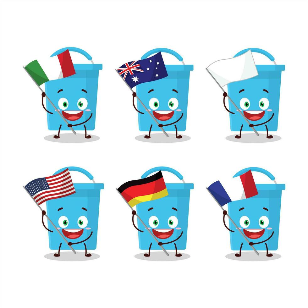 blauw emmer tekenfilm karakter brengen de vlaggen van divers landen vector