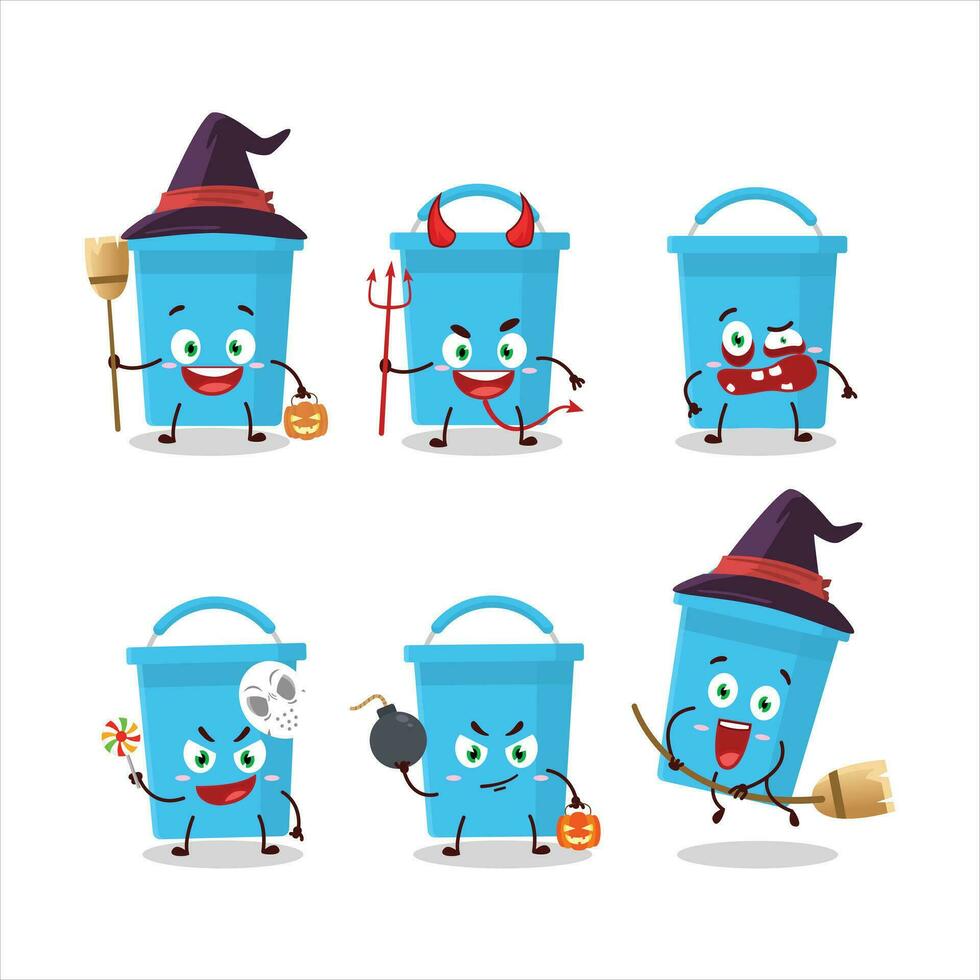 halloween uitdrukking emoticons met tekenfilm karakter van blauw emmer vector