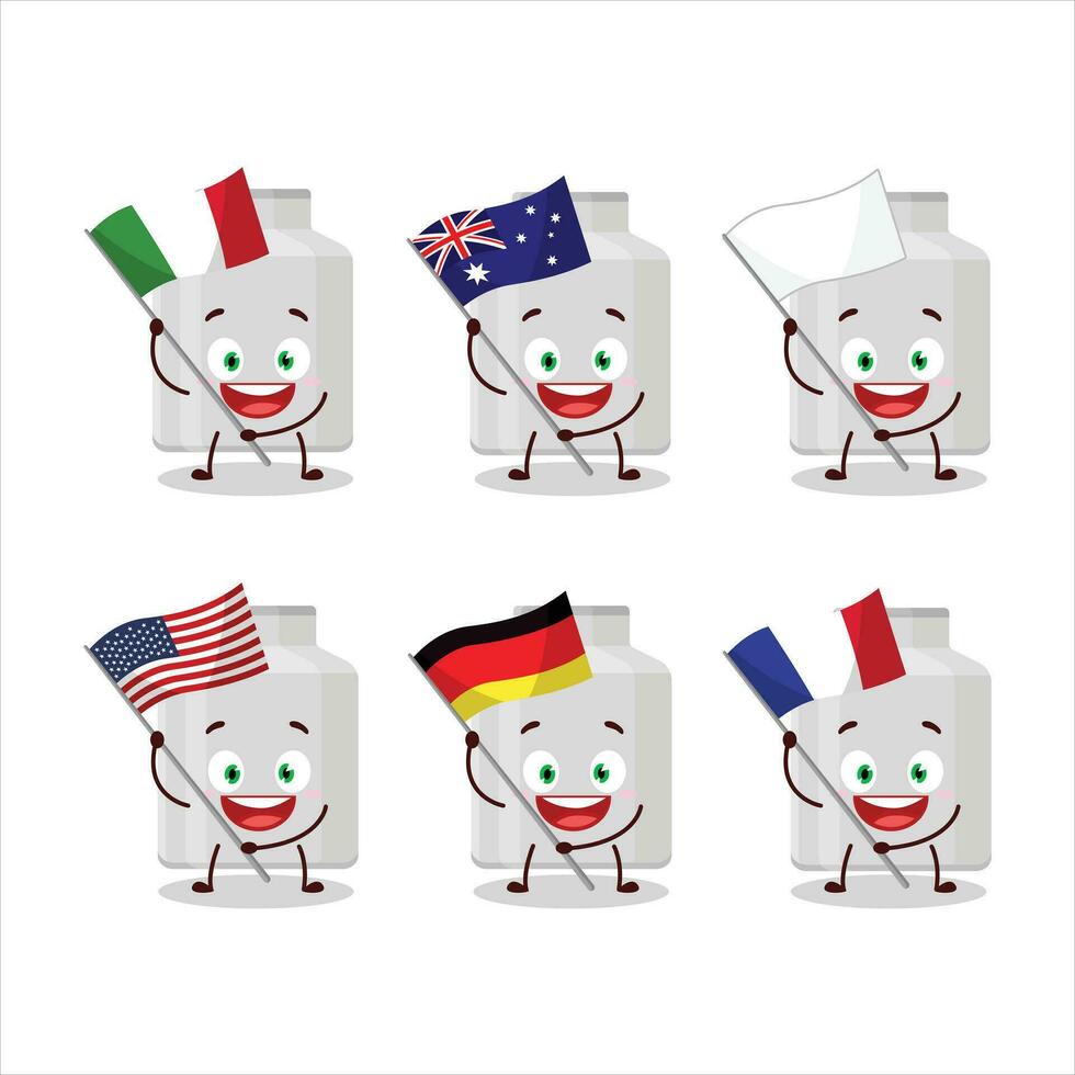 melk kan tekenfilm karakter brengen de vlaggen van divers landen vector