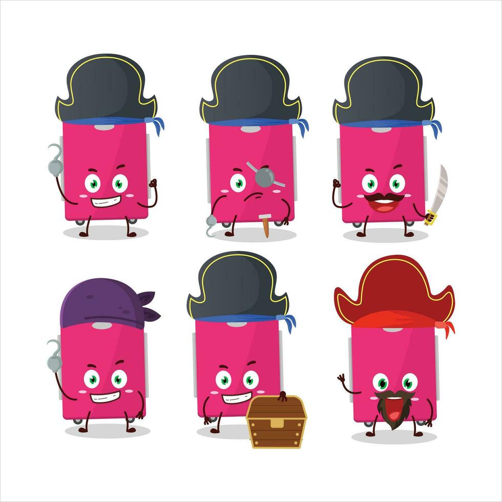 tekenfilm karakter van roze bagage met divers piraten emoticons vector