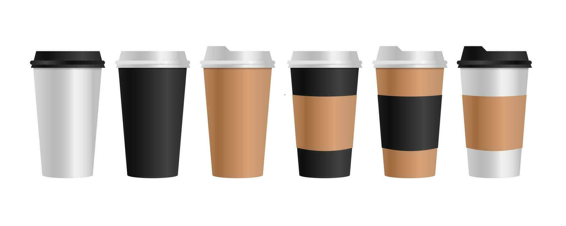 reeks van papier koffie cups Aan wit achtergrond. verzameling 3d koffie kop model. vector sjabloon