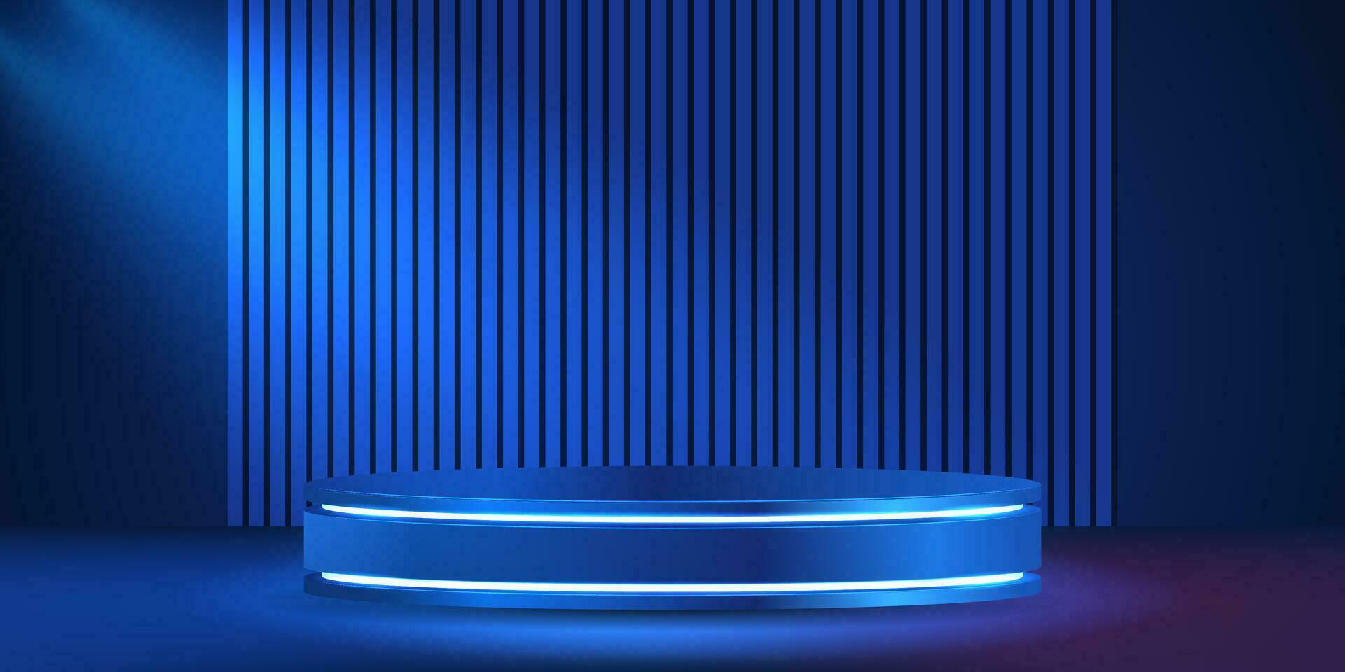 abstract realistisch 3d blauw cilinder voetstuk podium met blauw perspectief strepen. luxe blauw minimaal muur tafereel voor Product Scherm presentatie. vector meetkundig