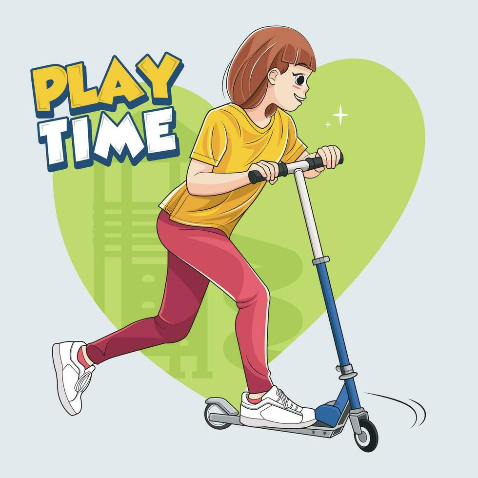 Speel tijd. kind Aan de speelplaats. kinderen meisje spelen in de straat Aan scooters vector illustratie vrij downloaden