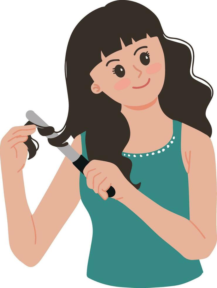 portret van mooi meisje houding gebaar styling haar haar- met curling ijzer illustratie vector