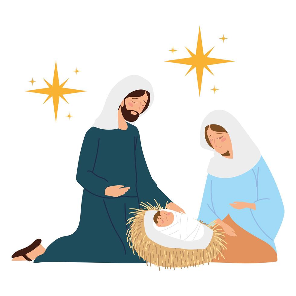 kerststal, kribbe met joseph, maria en baby in de wieg vector