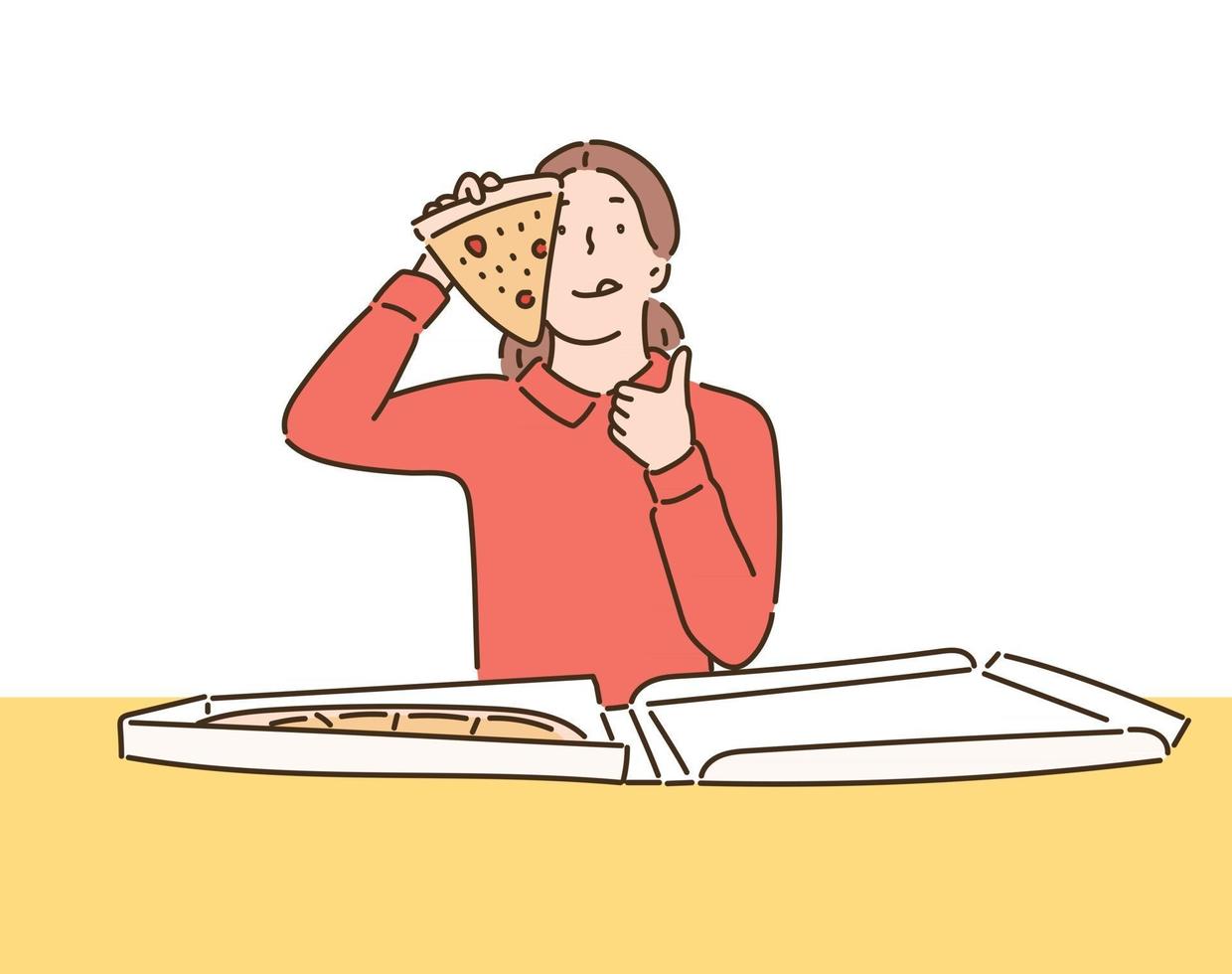 een meisje houdt haar pizza in haar hand en steekt haar duim op. handgetekende stijl vectorontwerpillustraties. vector