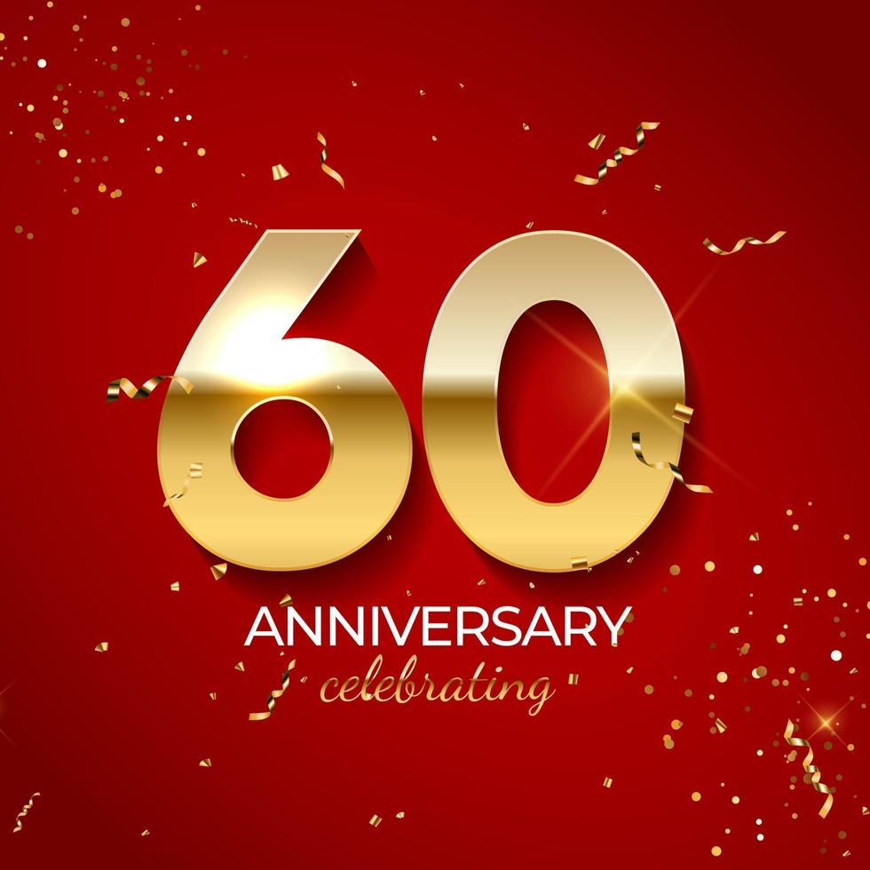 verjaardag viering decoratie. gouden nummer 60 met confetti, glitters en streamerlinten op rode achtergrond. vector illustratie
