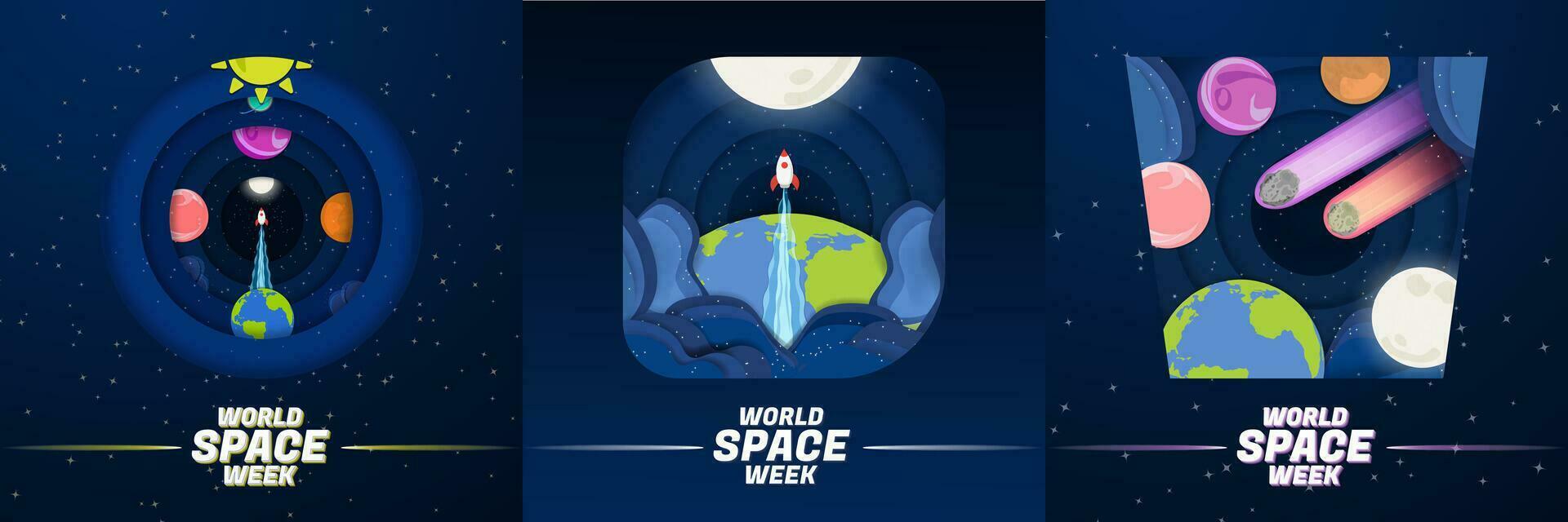 reeks van wereld ruimte week groet kaarten. papier origami kunst stijl zonne- systeem en heelal met planeten, maan, sterren, raket schip, en asteroïden. vector