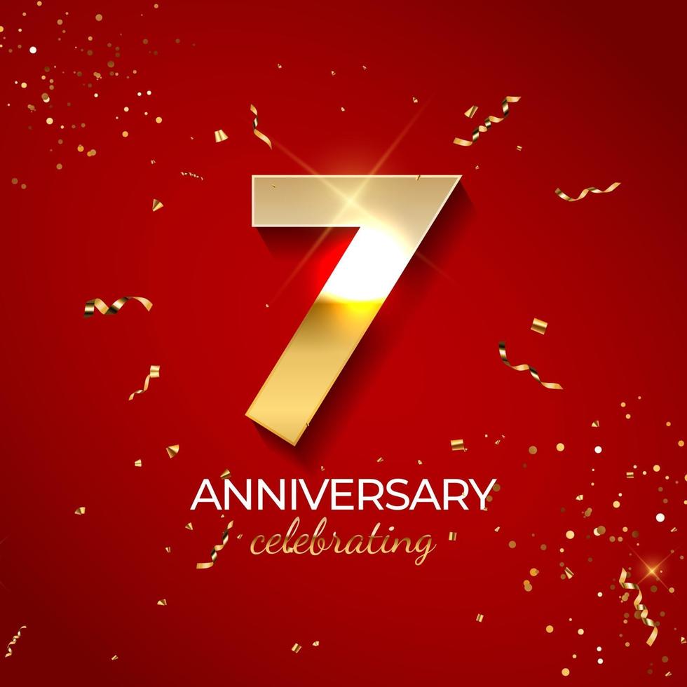 verjaardag viering decoratie. gouden nummer 7 met confetti, glitters en streamerlinten op rode achtergrond. vector illustratie