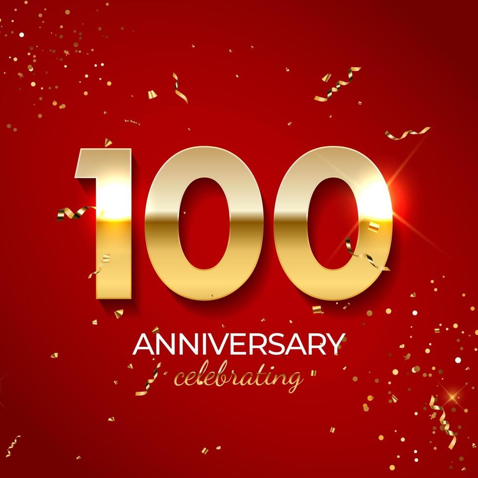 verjaardag viering decoratie. gouden nummer 100 met confetti, ballonnen, glitters en streamer linten op rode achtergrond. vector illustratie