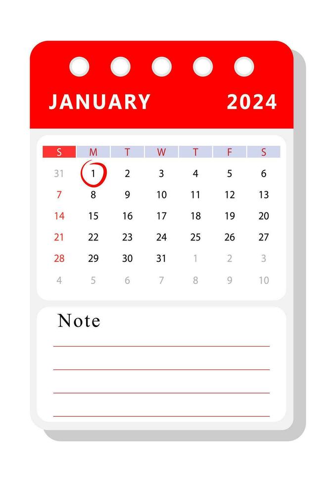 januari 2024 Notitie kalender sjabloon. vector ontwerp