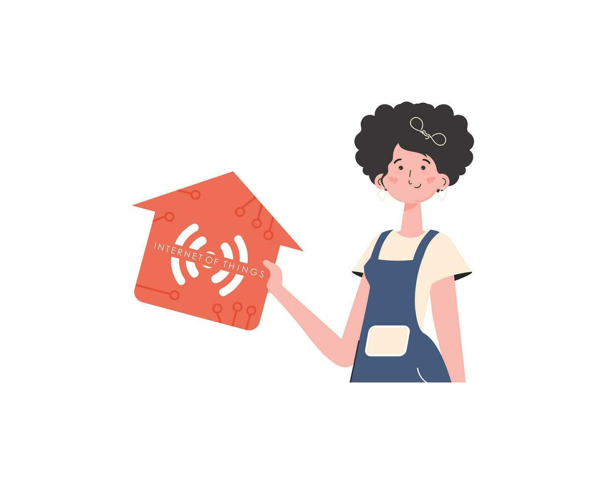 iot concept. de meisje is getoond naar de taille. een vrouw is Holding een huis icoon in haar handen. geïsoleerd. vector illustratie in modieus vlak stijl.