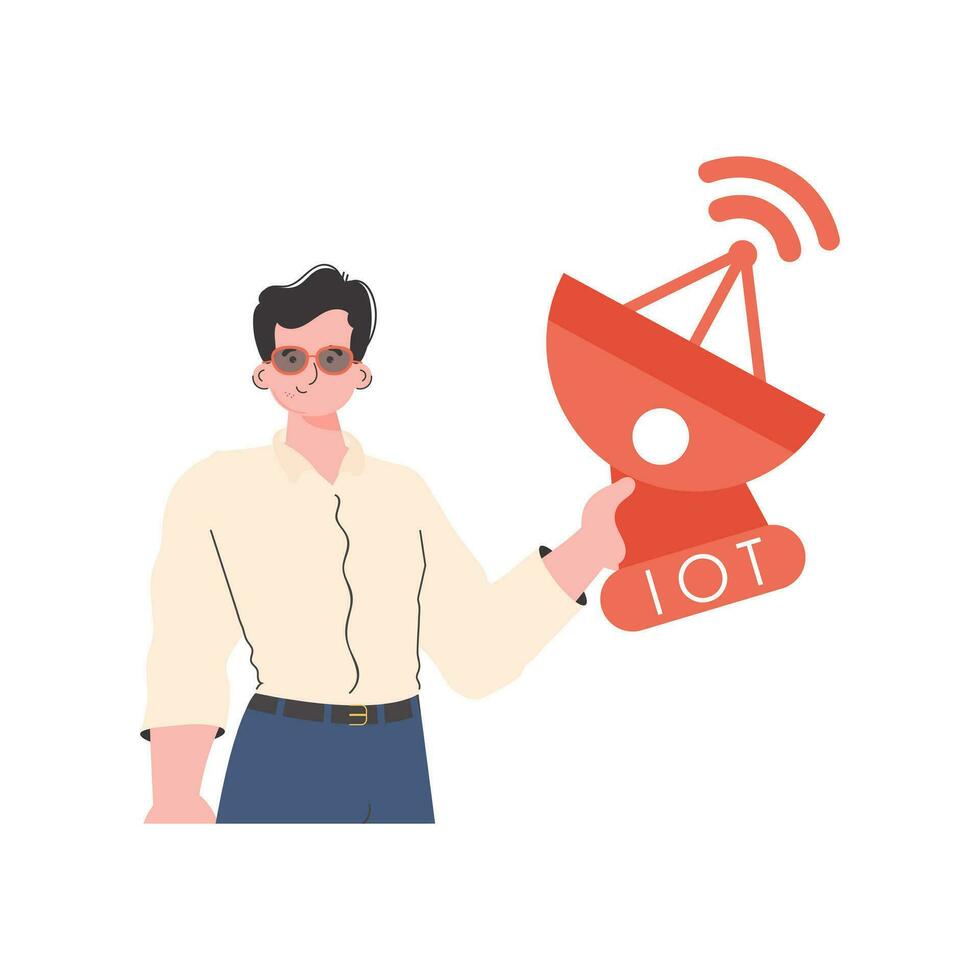 internet van dingen concept. de vent is Holding een satelliet schotel in zijn handen. geïsoleerd. modieus vlak stijl. vector illustratie.