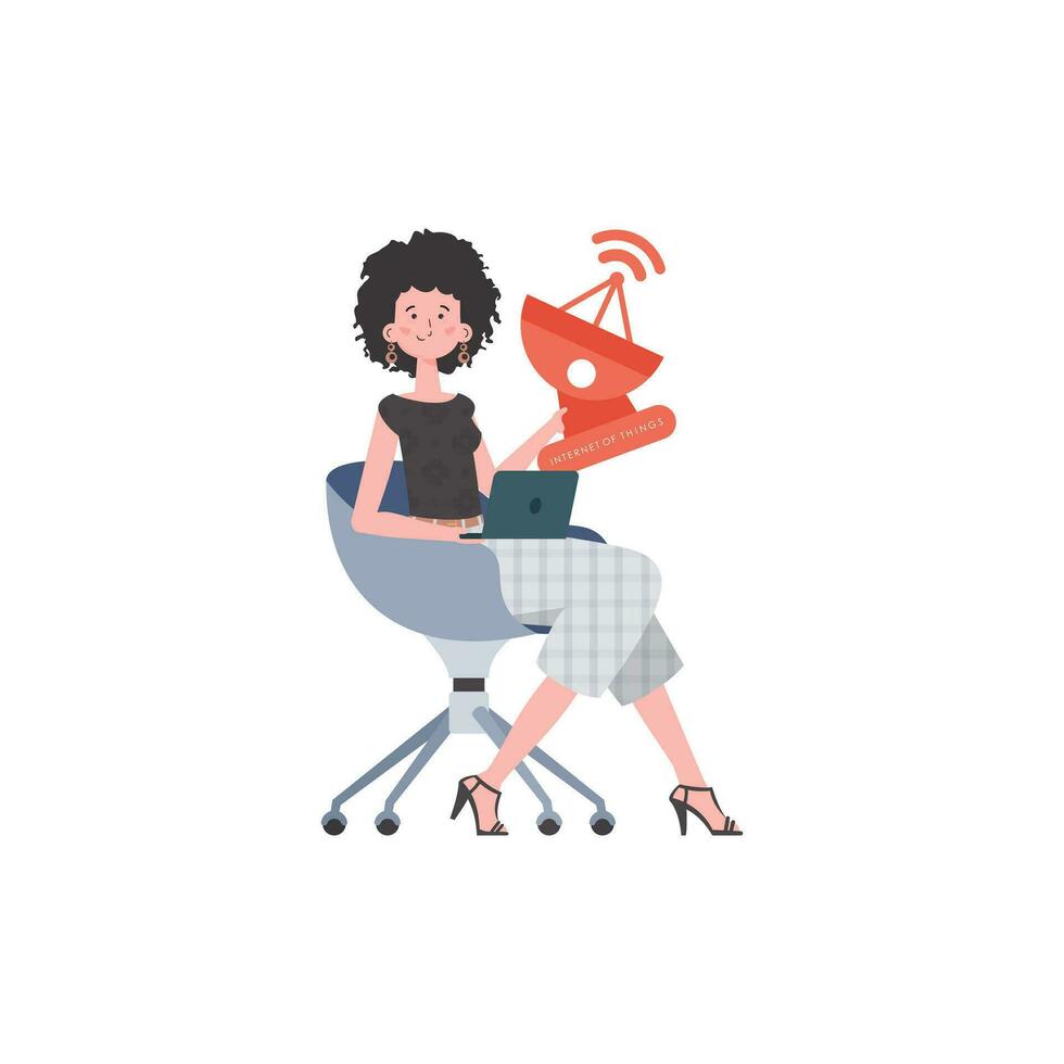 internet van dingen concept. een vrouw houdt een satelliet schotel in haar handen. geïsoleerd Aan wit achtergrond. modieus vlak stijl. vector illustratie.