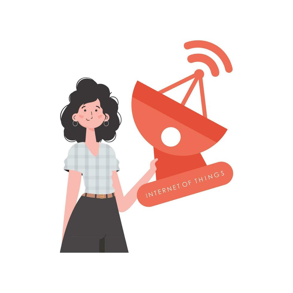 iot concept. een vrouw houdt een satelliet schotel in haar handen. geïsoleerd. vector illustratie in modieus vlak stijl.