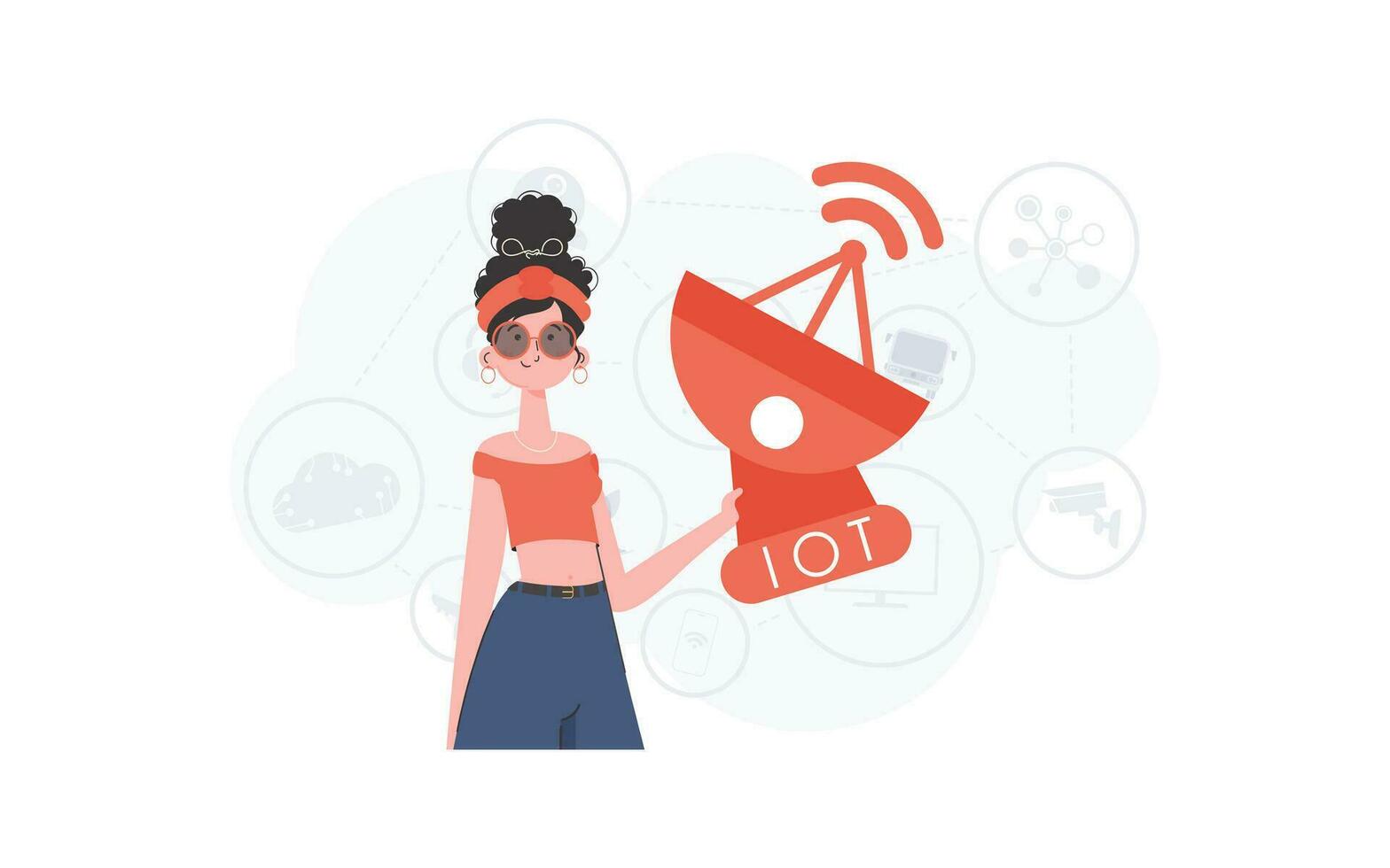 een vrouw houdt een satelliet schotel in haar handen. internet van dingen concept. mooi zo voor presentaties en websites. vector illustratie in modieus vlak stijl.