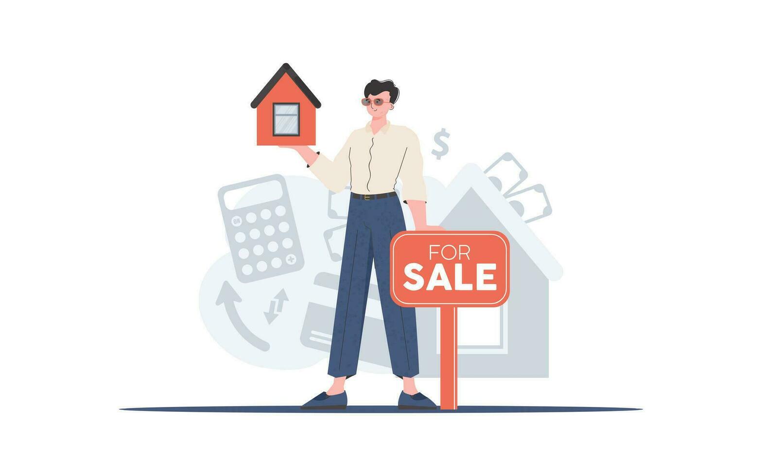 een Mens met een voor uitverkoop teken houdt een klein huis in zijn handen. verkoop een huis of echt landgoed. modieus stijl. vector illustratie.