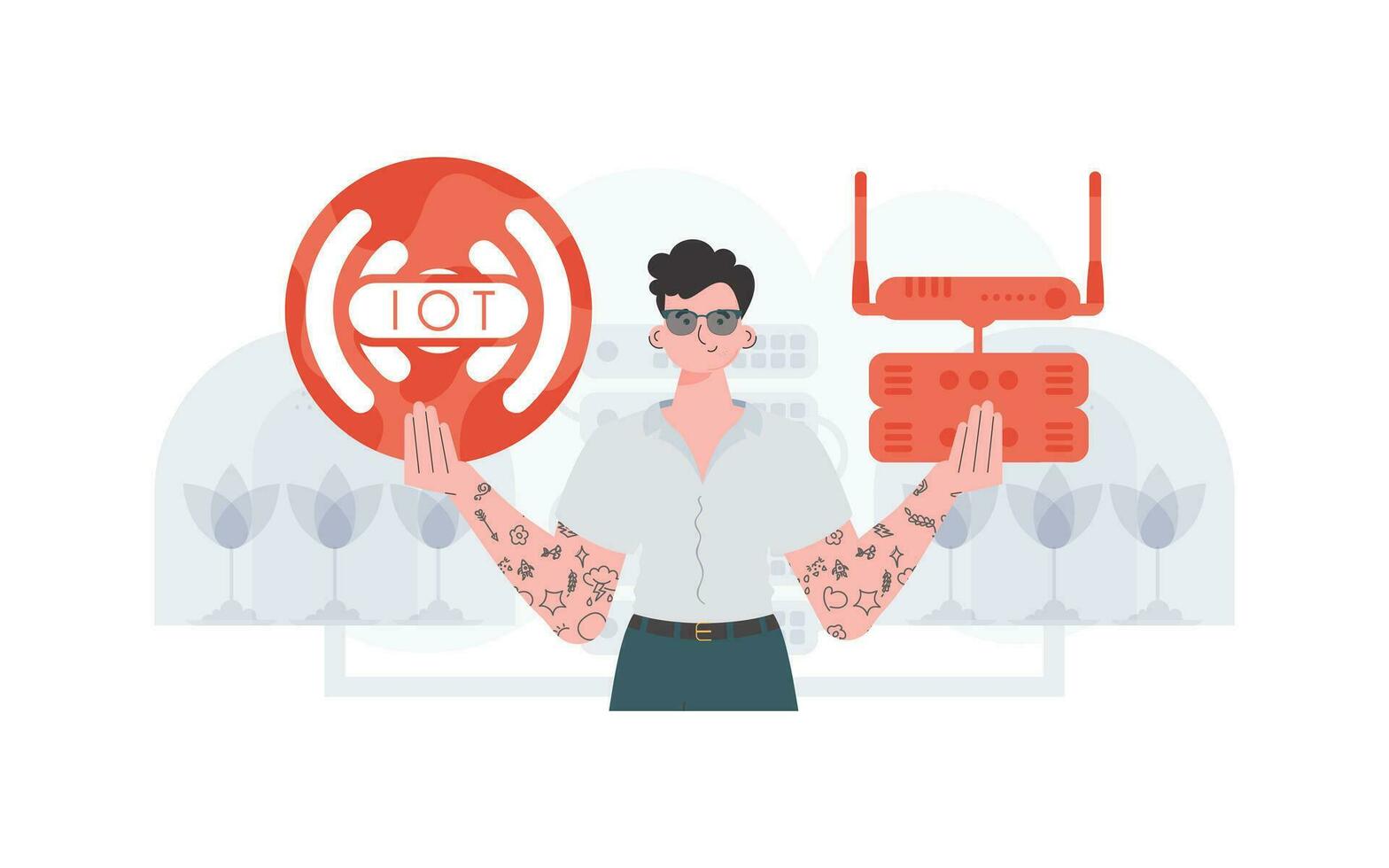 iot concept. een Mens houdt de internet van dingen logo in haar handen. router en server. mooi zo voor websites en presentaties. vector illustratie in vlak stijl.