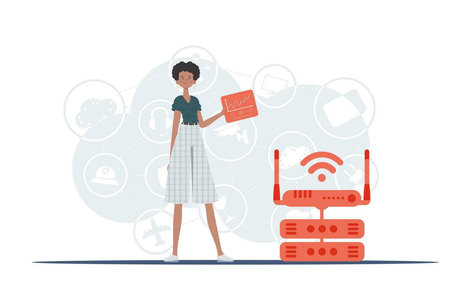 iot en automatisering concept. een vrouw houdt een paneel met analysatoren en indicatoren in haar handen. mooi zo voor websites en presentaties. vector illustratie.