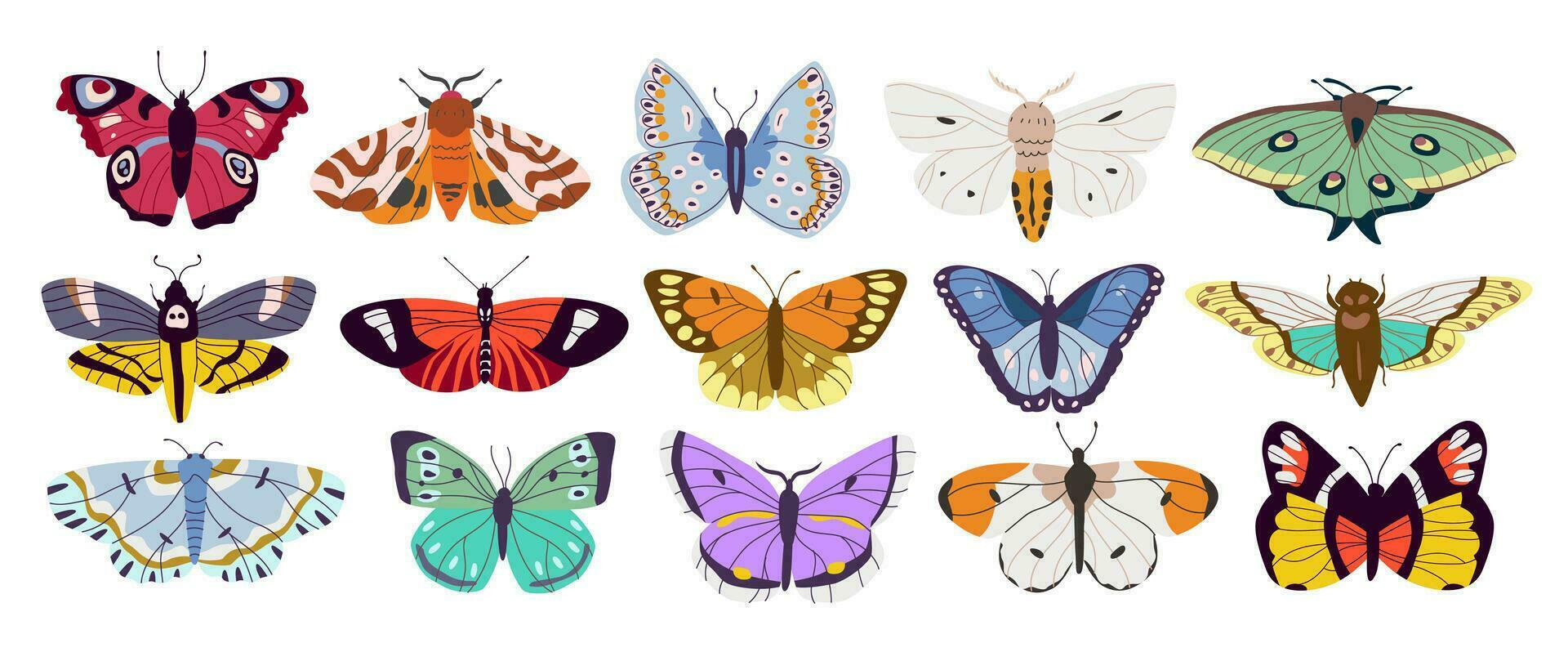 kleurrijk hand getekend vlinders en motten set. zomer decoratief vliegend insecten met kleurrijk Vleugels. vector illustratie.