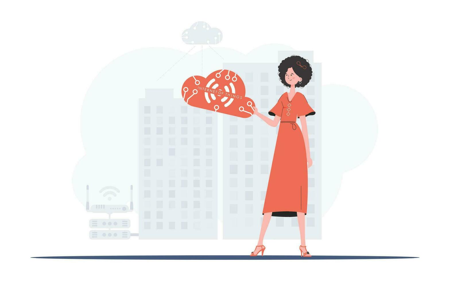 een vrouw is Holding een internet ding icoon in haar handen. iot en automatisering concept. mooi zo voor presentaties en websites. vector illustratie.