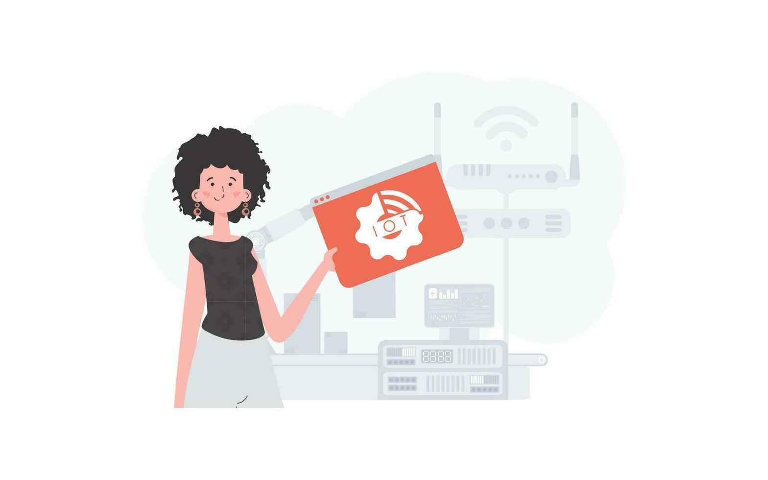 een vrouw is Holding een internet ding icoon in haar handen. internet van dingen concept. mooi zo voor presentaties en websites. vector illustratie in modieus vlak stijl.