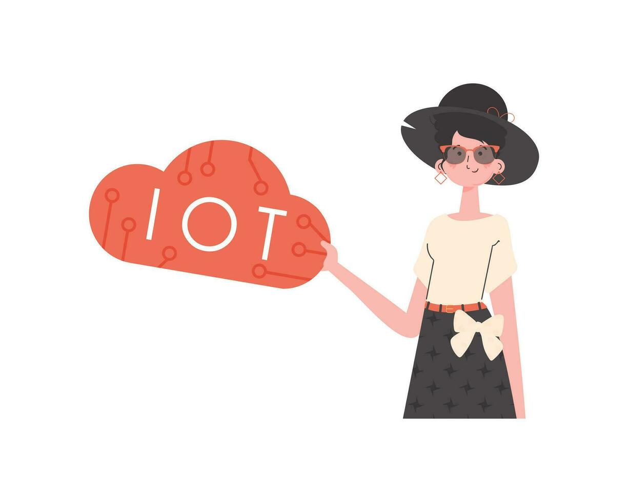 een vrouw houdt de iot logo in haar handen. internet van dingen en automatisering concept. geïsoleerd. vector illustratie in modieus vlak stijl.