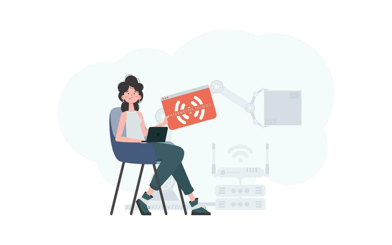 een vrouw is Holding een internet ding icoon in haar handen. iot concept. mooi zo voor presentaties en websites. vector illustratie in modieus vlak stijl.