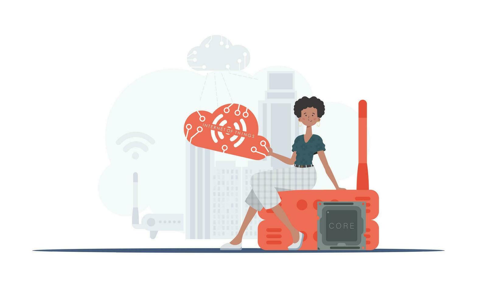 internet van dingen en automatisering concept. een vrouw zit Aan een router en houdt de internet van dingen logo in haar handen. vector illustratie in modieus vlak stijl.