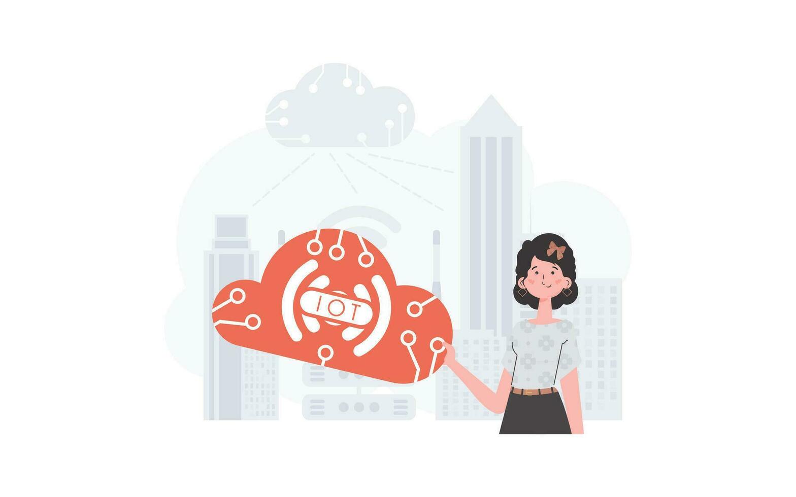 een vrouw is Holding een internet ding icoon in haar handen. internet van dingen en automatisering concept. mooi zo voor websites en presentaties. vector illustratie in modieus vlak stijl.