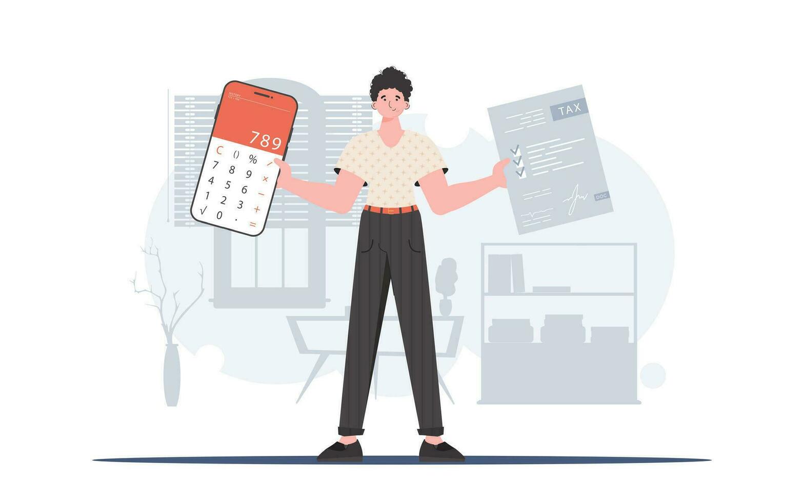 een Mens houdt een rekenmachine en een belasting het formulier in zijn handen. de concept van betaling en berekening van belastingen. vector illustratie in een vlak stijl.