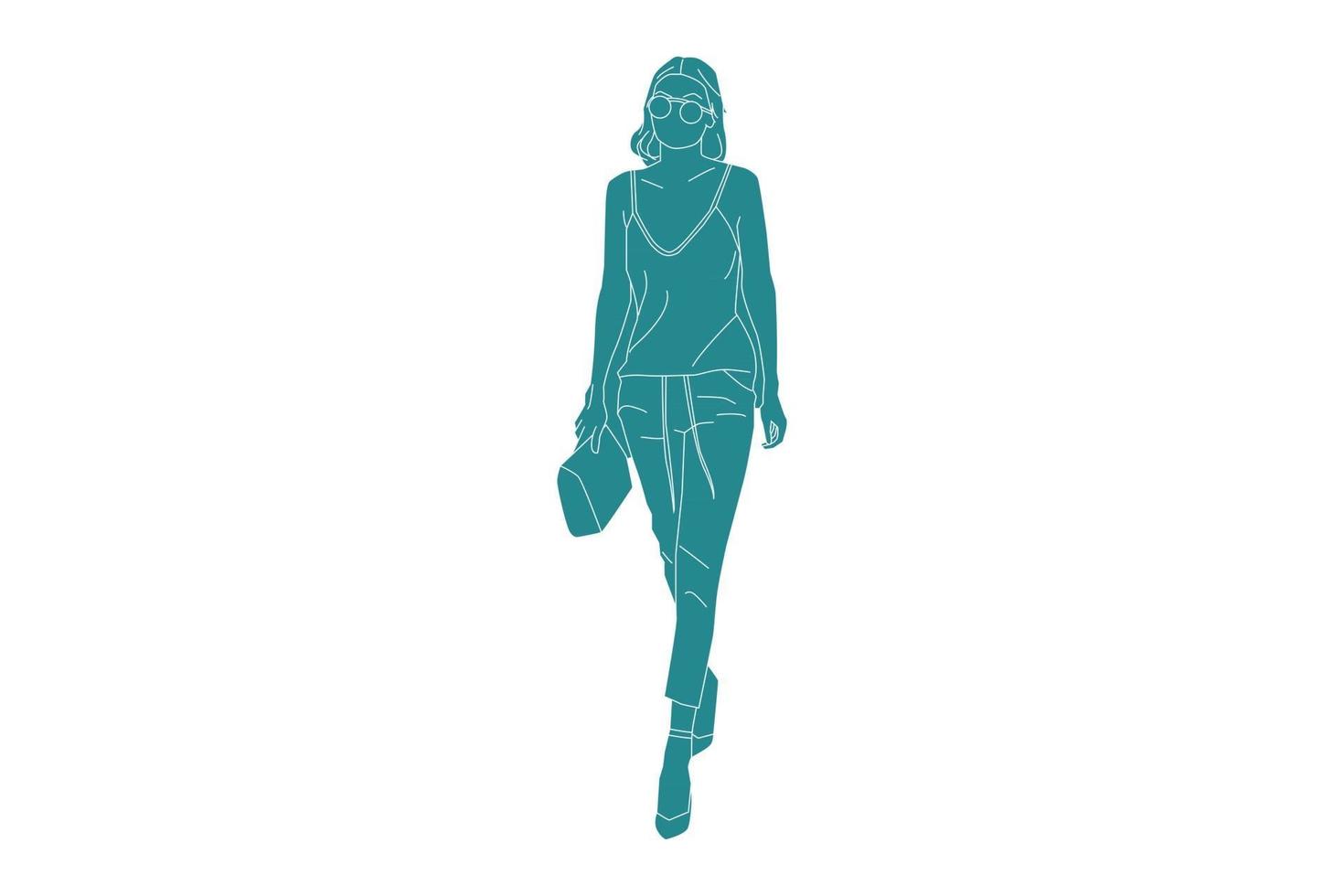 vectorillustratie van casual vrouw lopen met haar mini tas, vlakke stijl met outline with vector