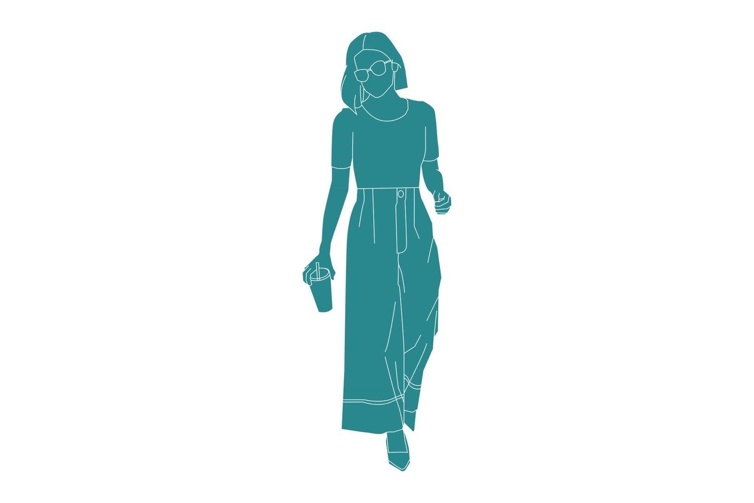 vectorillustratie van casual vrouw brengen ijskoffie, vlakke stijl met outline vector