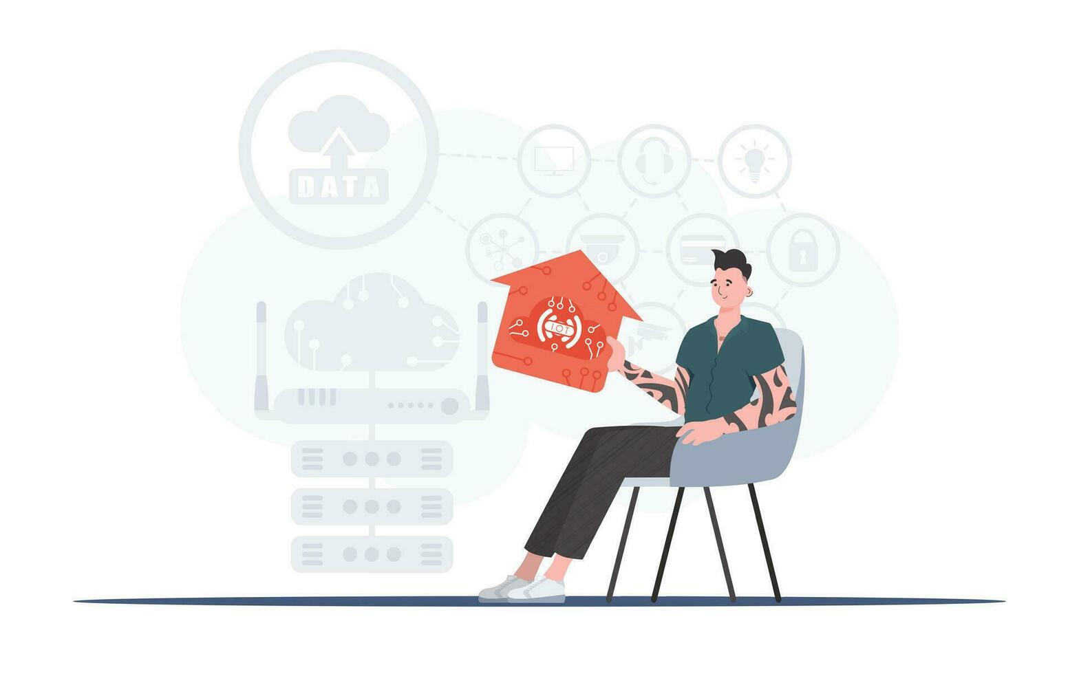 internet van dingen en automatisering concept. een Mens zit in een fauteuil en houdt een huis icoon in zijn handen. mooi zo voor websites en presentaties. vector illustratie in modieus vlak stijl.