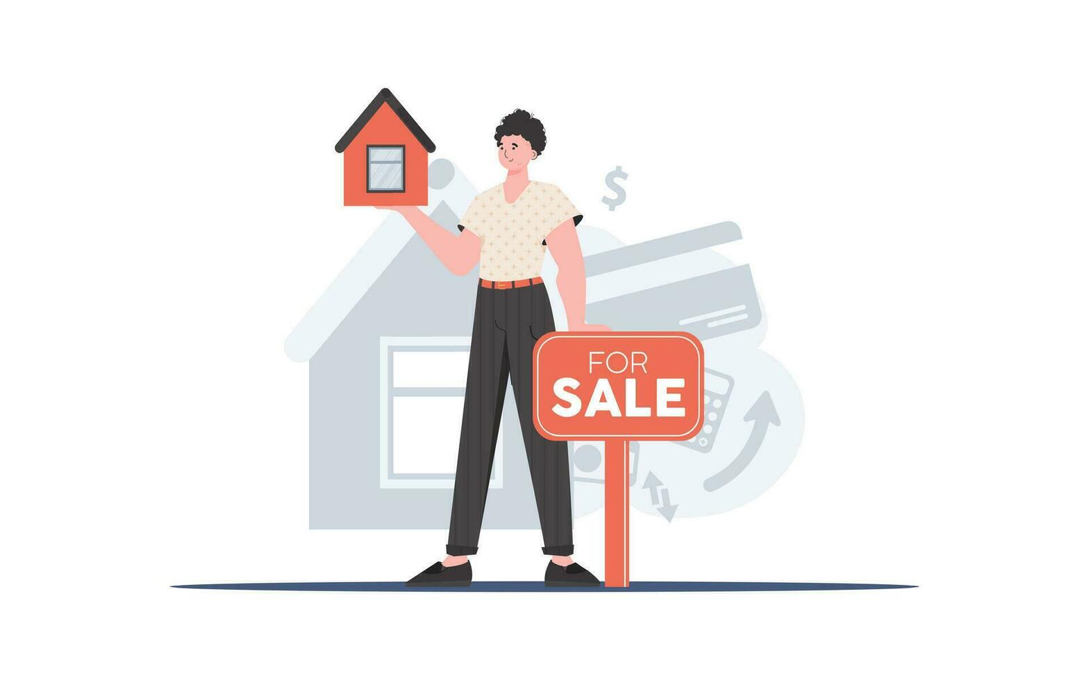 een Mens met een voor uitverkoop teken houdt een klein huis in zijn handen. de concept van verkoop een huis. modieus stijl. vector illustratie.