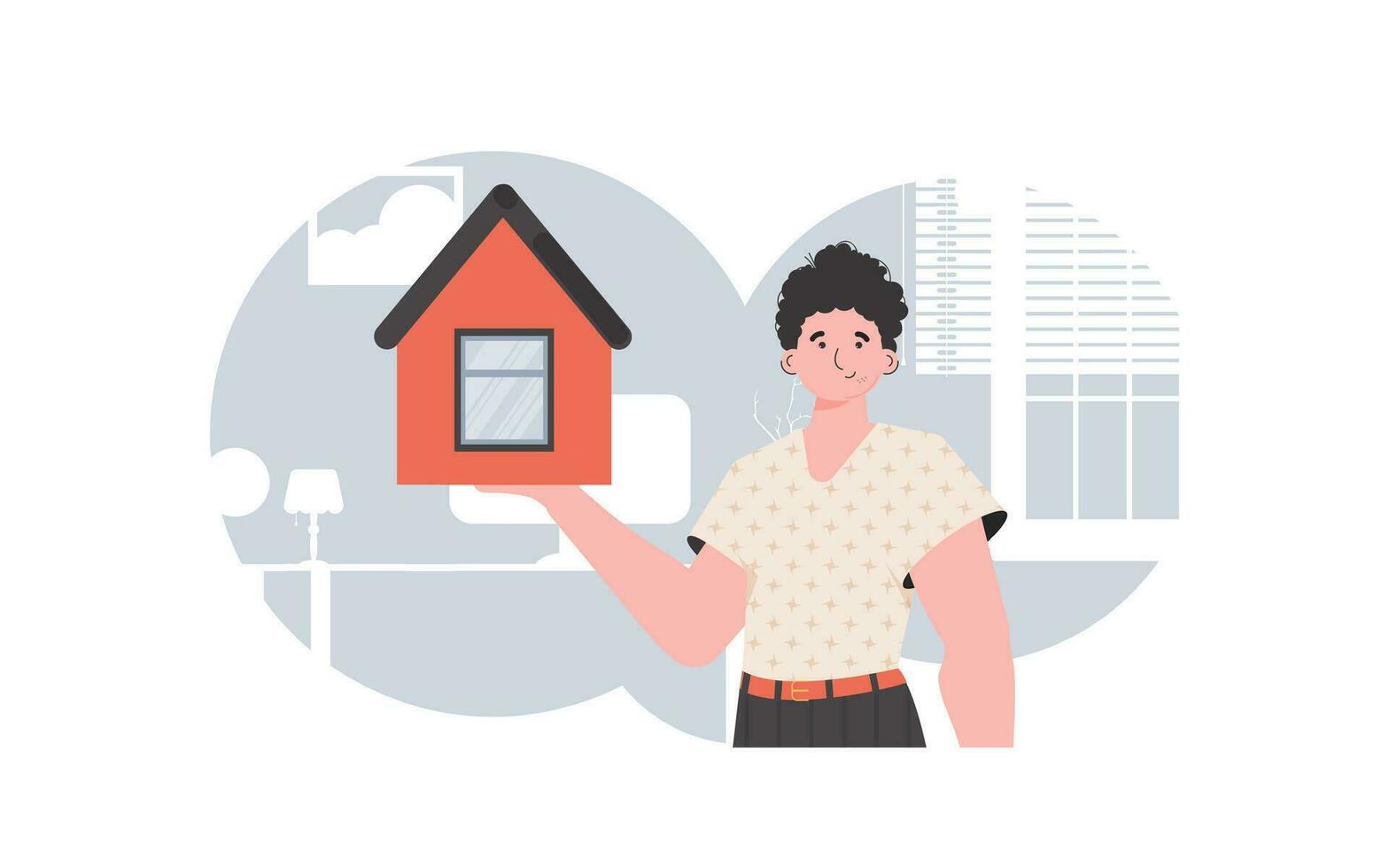 de Mens is afgebeeld tot je middel Holding een klein huis in zijn handen. de concept van verkoop een huis. modieus stijl. vector illustratie.
